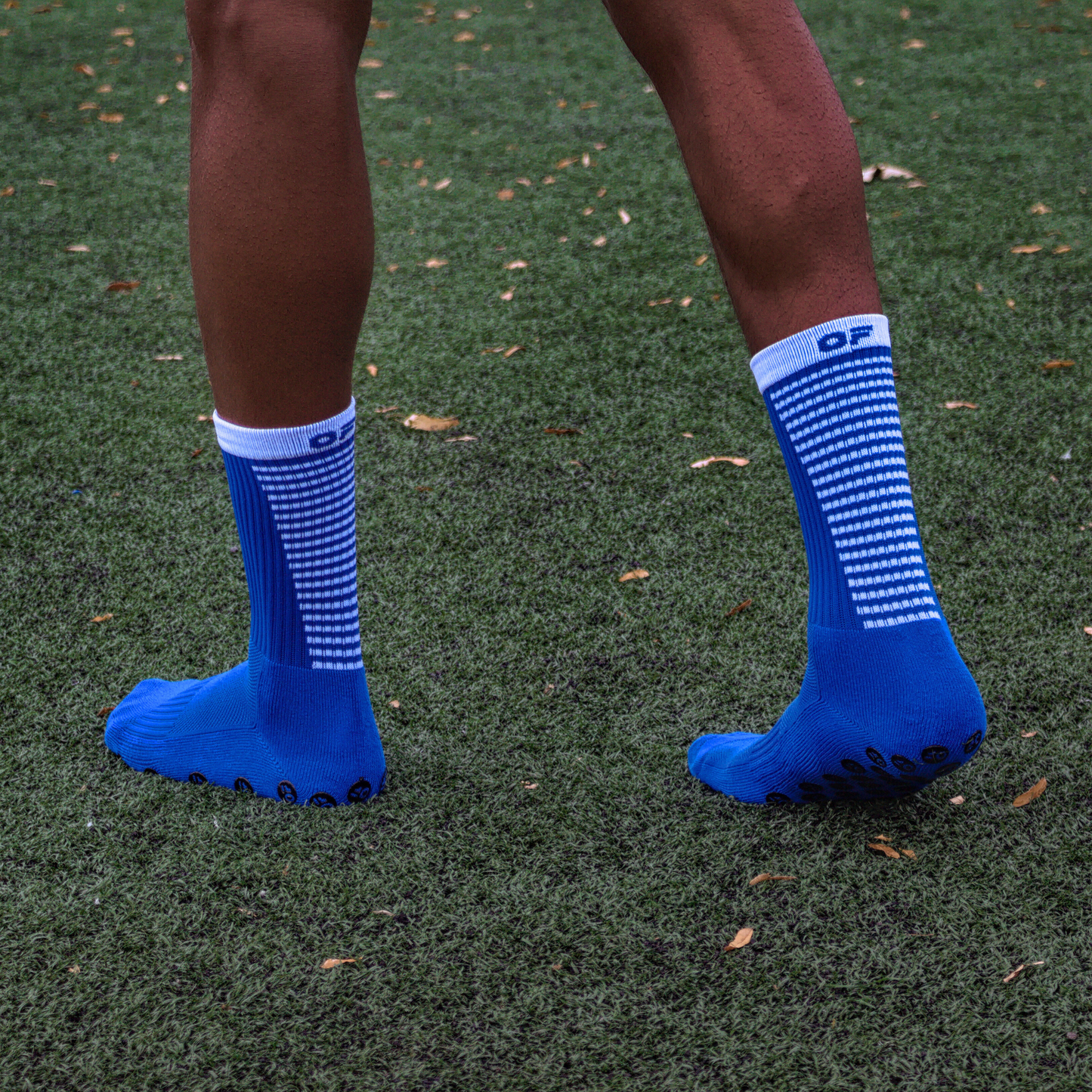 Blue Grip socks, side view